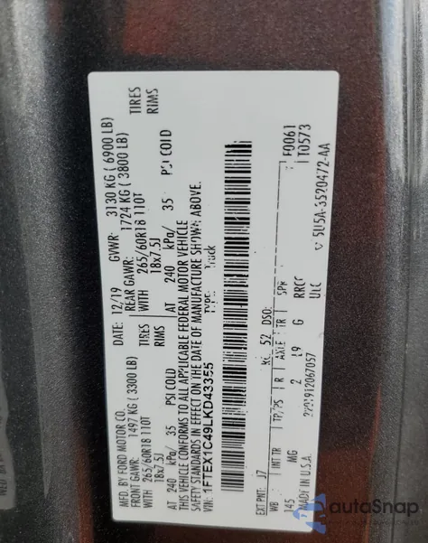 2020 Ford F150 Super Cab из США, поврежденный, VIN 1FTEX1C49LKD43355